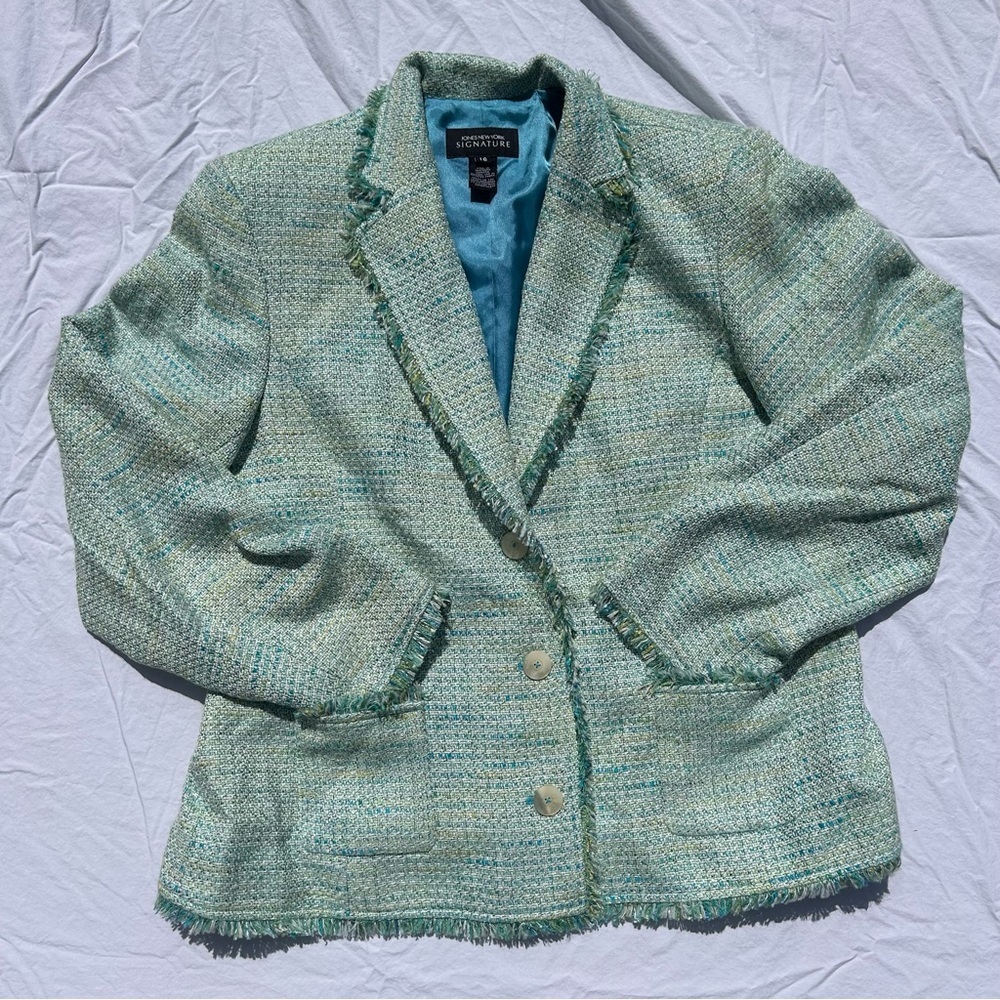 Green Tweed Blazer Jacket Size 16 Easter Spring Blue Old Money